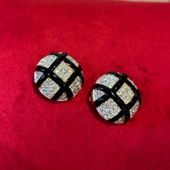 VTG CINER Gold Rhinestone Black Enamel EARRINGS - Picture 6 of 7